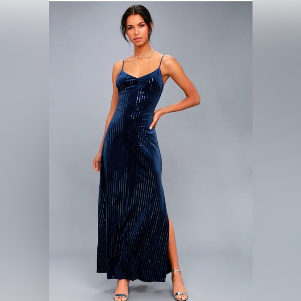 Lulus Studio Lounge Navy Blue Velvet Sequin Maxi Dress